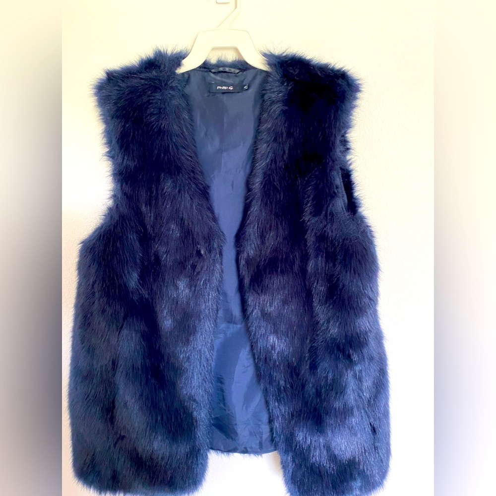 Philip G, Navy Blue Faux Fur Short Jacket, size M